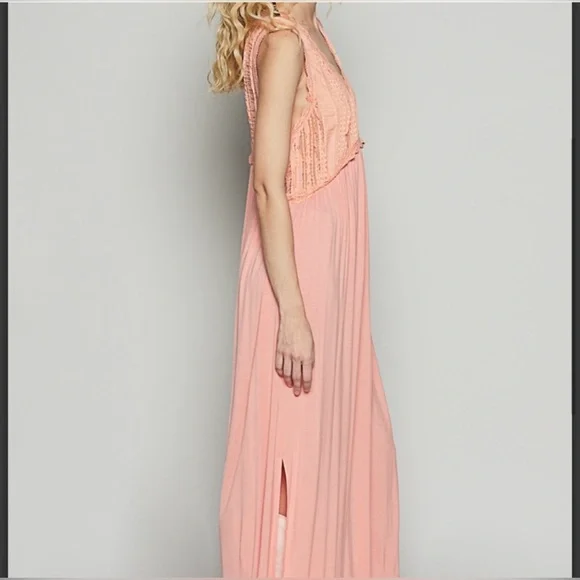 POL•V-Neck Sleeveless Cut Sew KnitLace Trim Solid Dress•Peach Coral - Picture 2 of 6